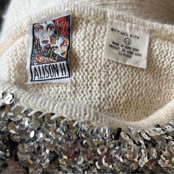 Vintage Beaded Sequin SILK ANGORA Cream Ivory Gold Black Silver Sweater Sz Large - Picture 7 of 11